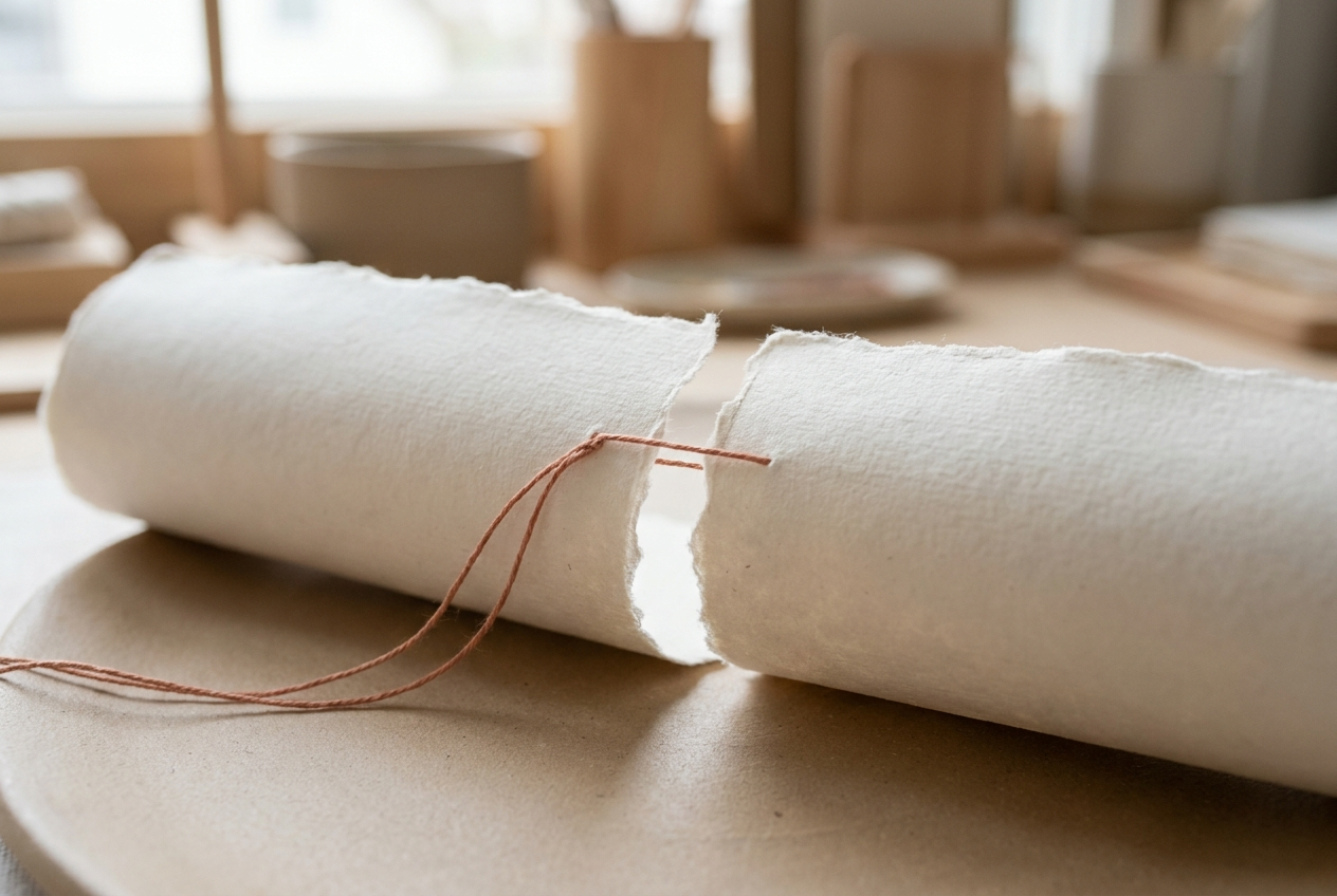 A rolled handmade paper scroll tied with copper thread on a workbench
